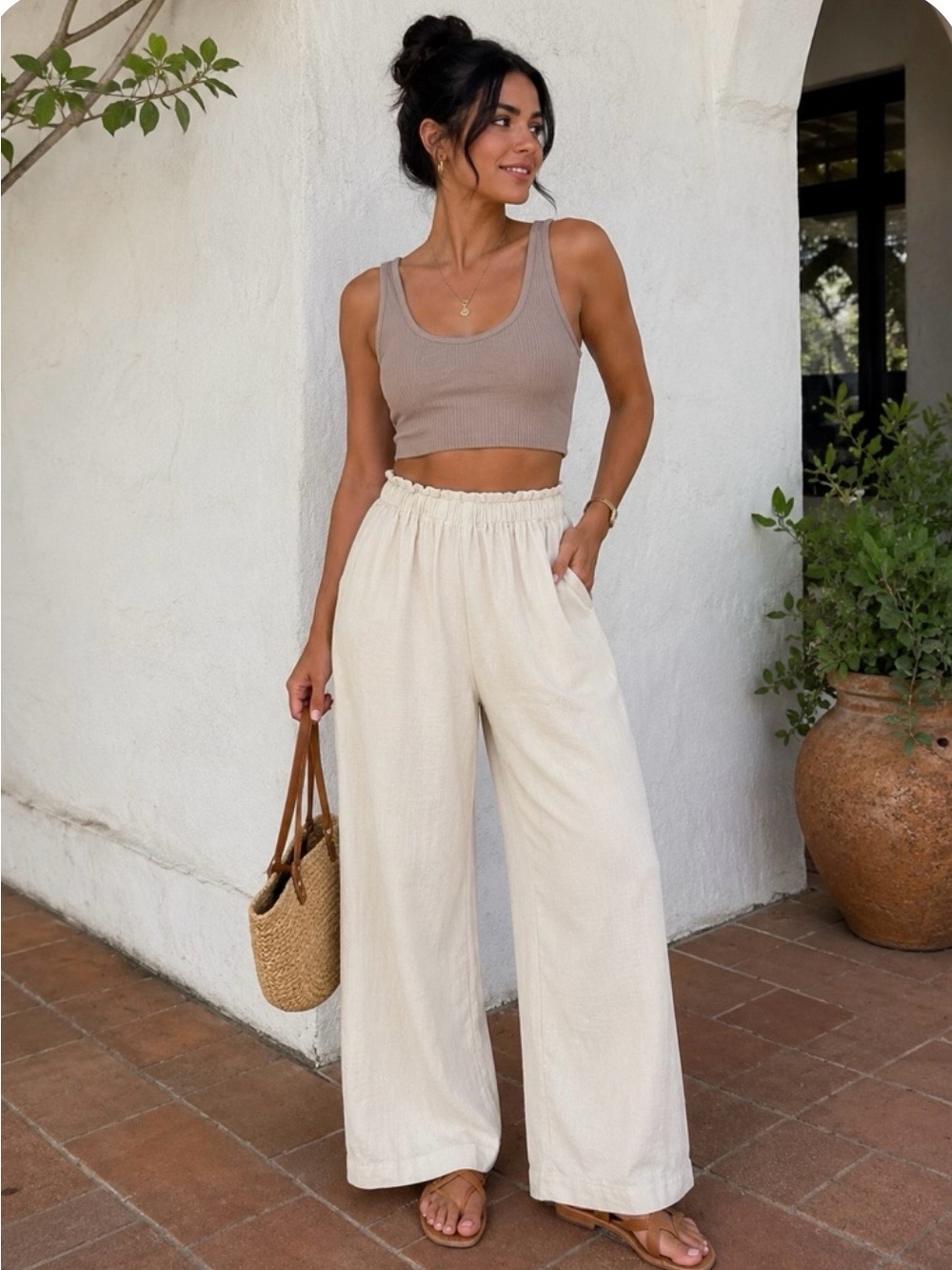 Coastal Grandma Beige Wide Leg Linen-blend Hi-rise Elasticized Drawstring Waist